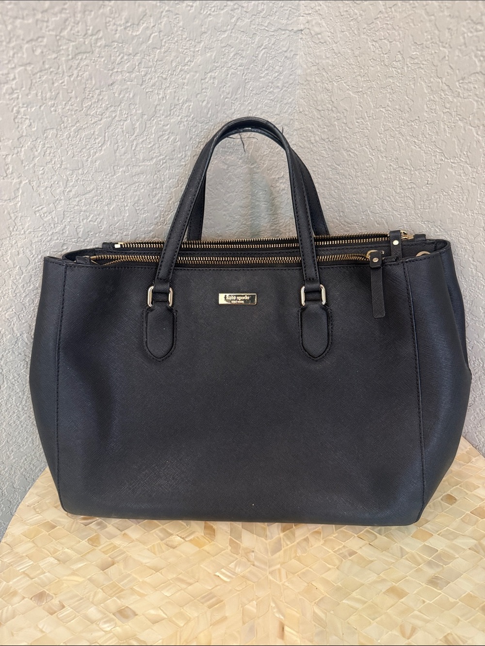 Kate spade Black Structured Saffiano Tote with Gold Hardware